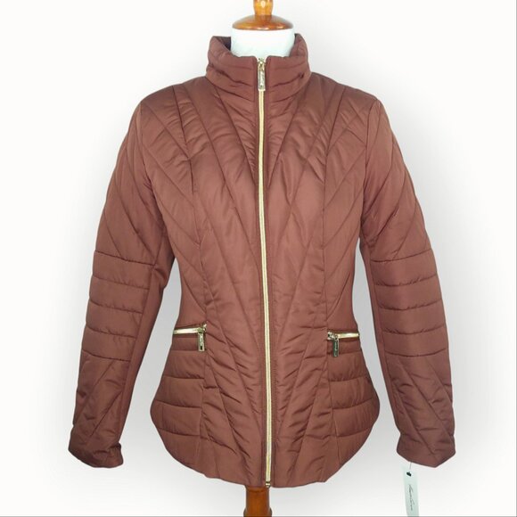 Kenneth Cole Quilted Puffer Jacket Size Medium Pecan Gold Zipper Retro NWT - Picture 1 of 11